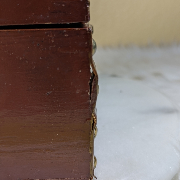 Vintage Hand Painted Roses Wood Jewelry Trinket Box Trunk Leather Trim - Picture 11 of 12